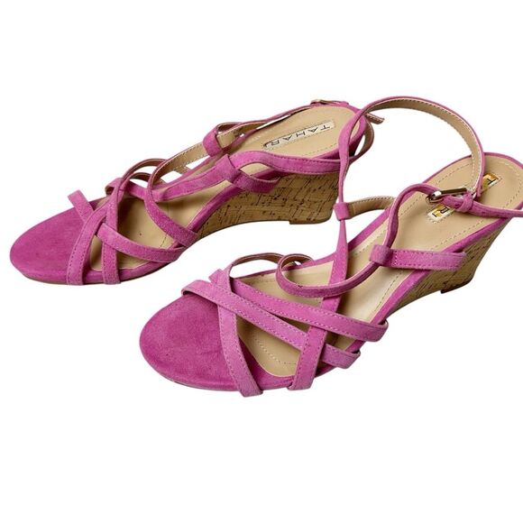 Tahari Future Wedge Leather Sandals Size 9 Pink Suede - Picture 3 of 6